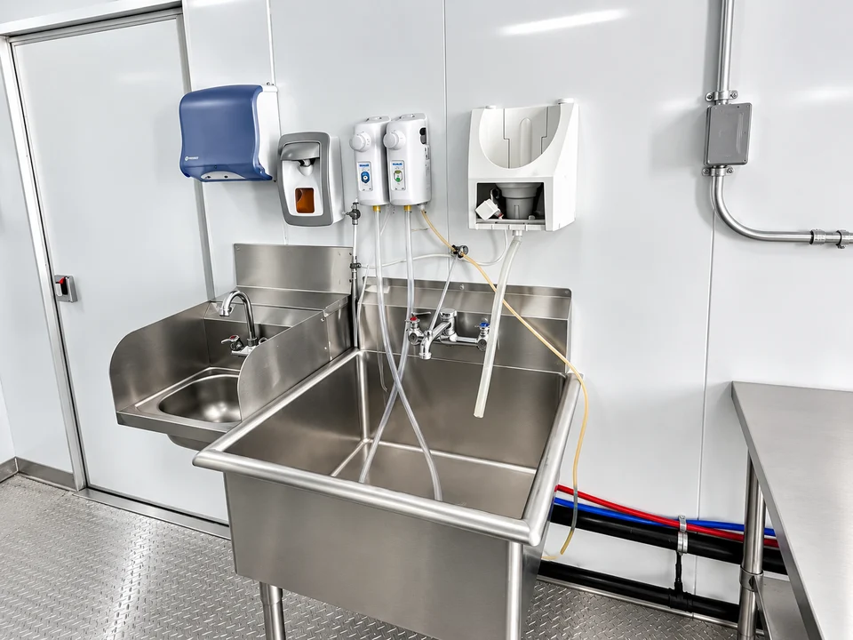 Handwashing and pre-rinse station inside the dishwashing trailer