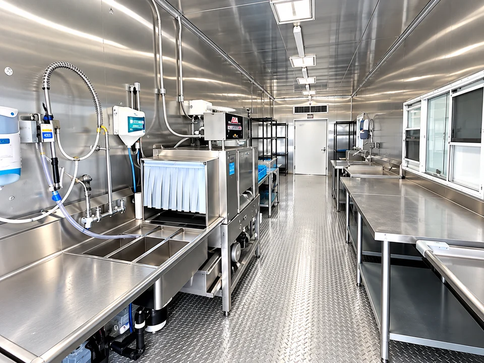 Full washing line and aisle in the dishwashing trailer