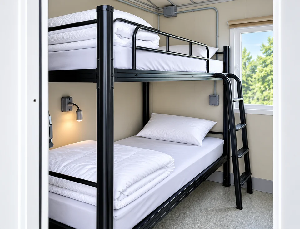 Bunk beds and a reading light in a contractor-accommodation room