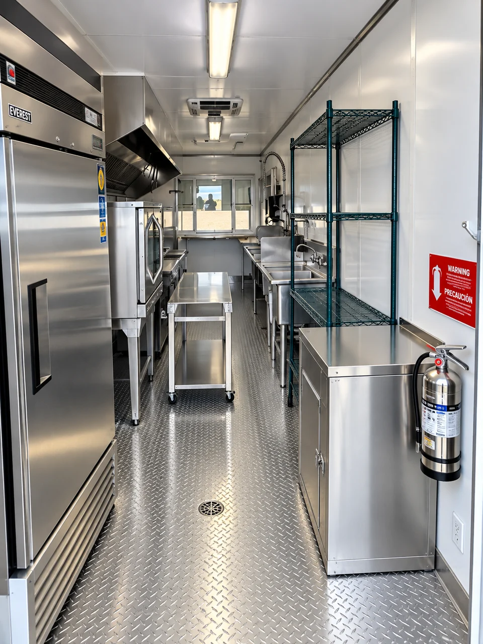 Mobile kitchen interior with cooking line and shelving