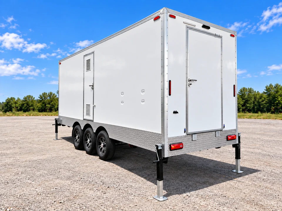 Rear view of the shower-restroom combination trailer with the larger fourth entrance