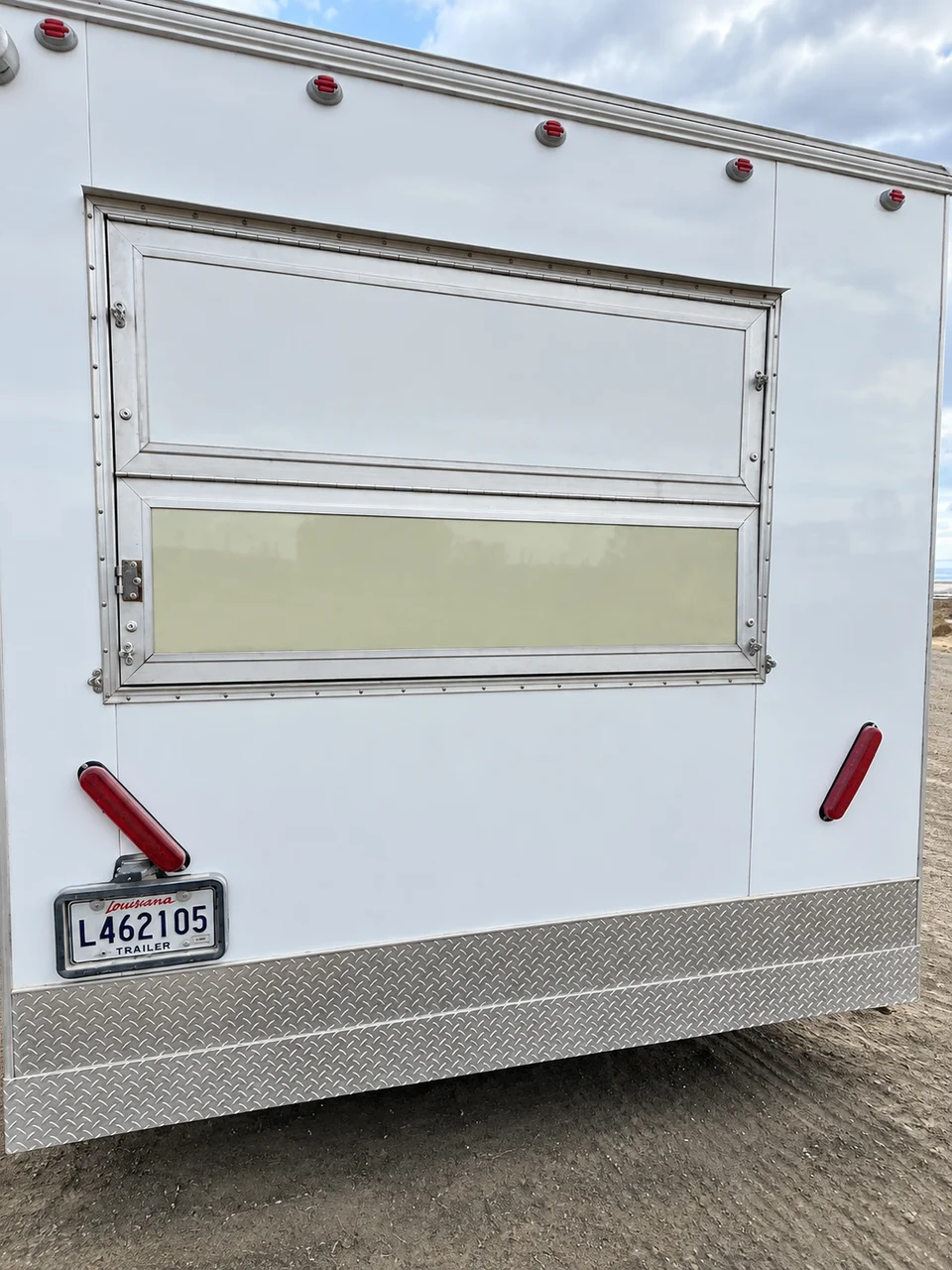 Exterior service window on the mobile kitchen trailer