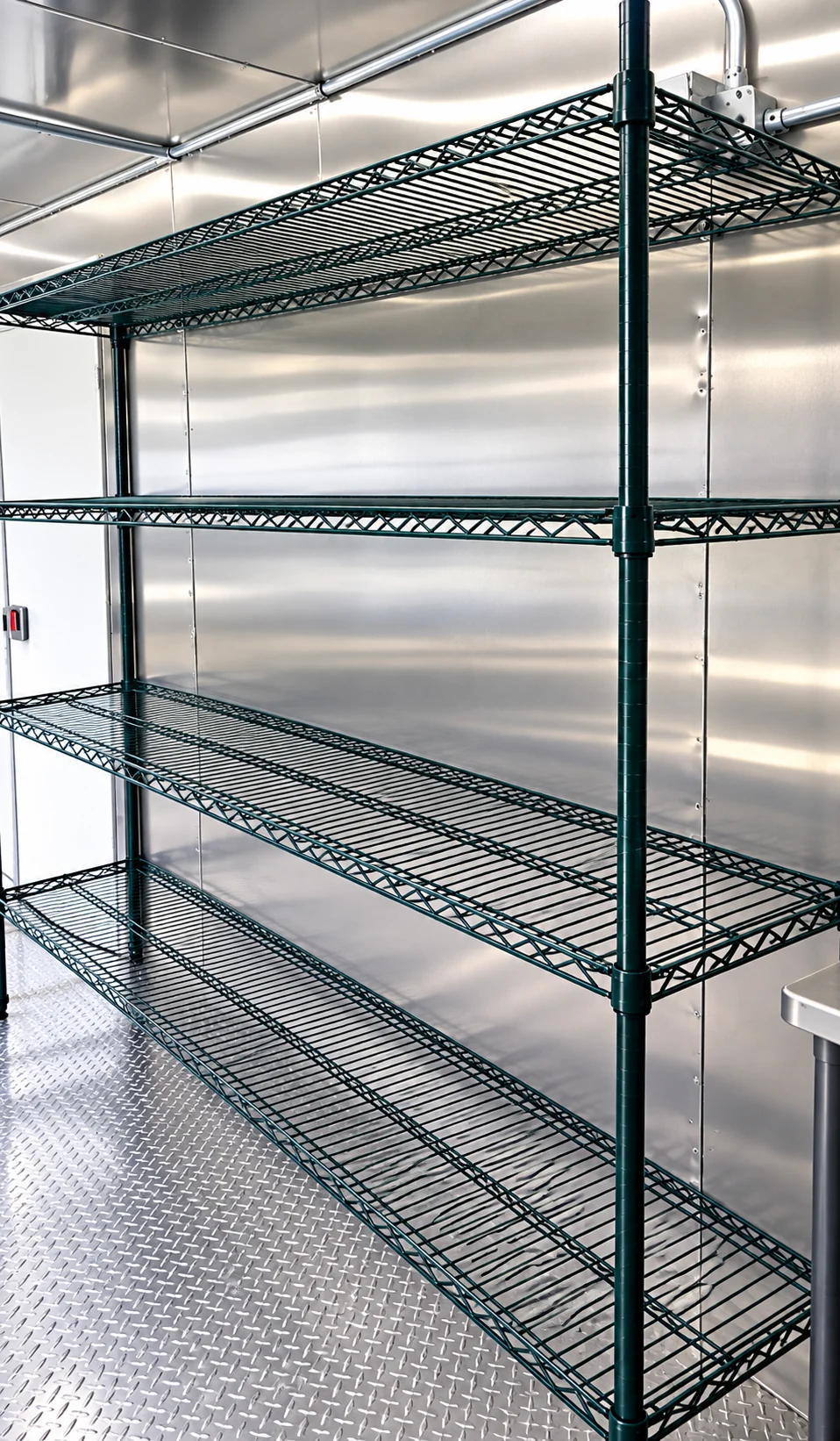 Storage shelving inside a dishwashing trailer