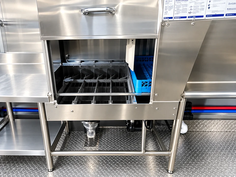 Open commercial dishwashing machine