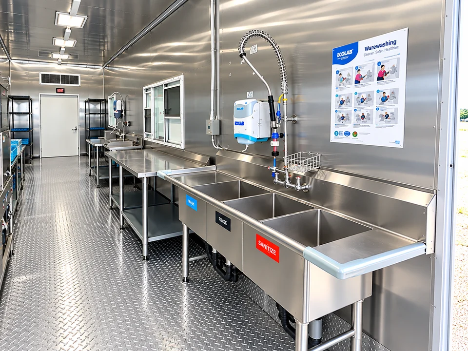 Washing stations along the dishwashing trailer aisle