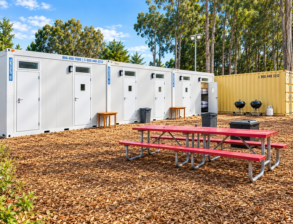 Containerized contractor accommodation around a shared outdoor area
