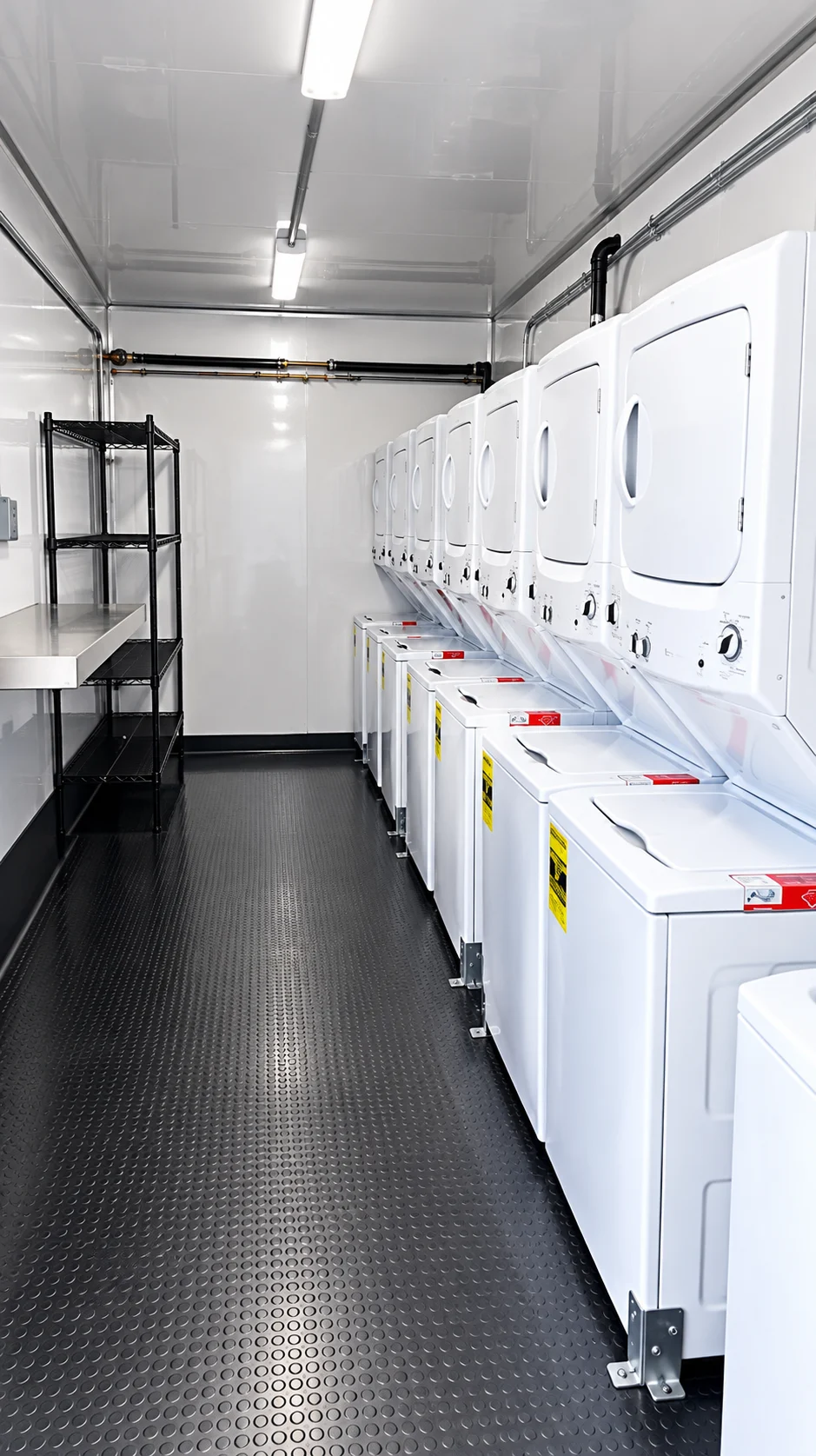 Stacked washing machines and dryers inside a laundry trailer