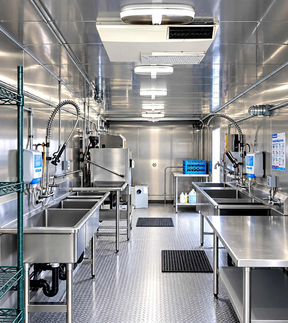 Dishwashing trailer aisle with sinks and worktables