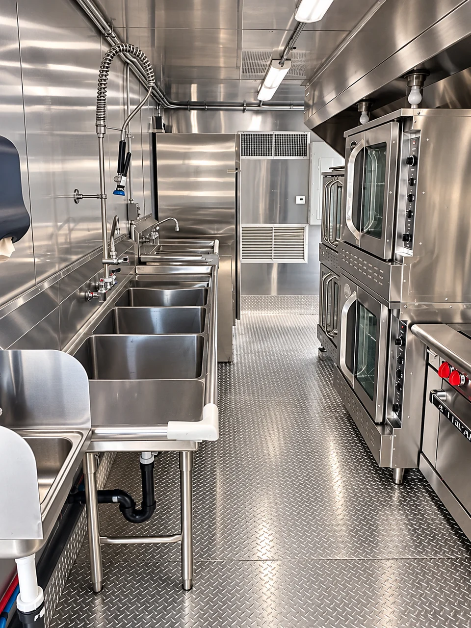 Washing stations and ovens inside the bulk kitchen