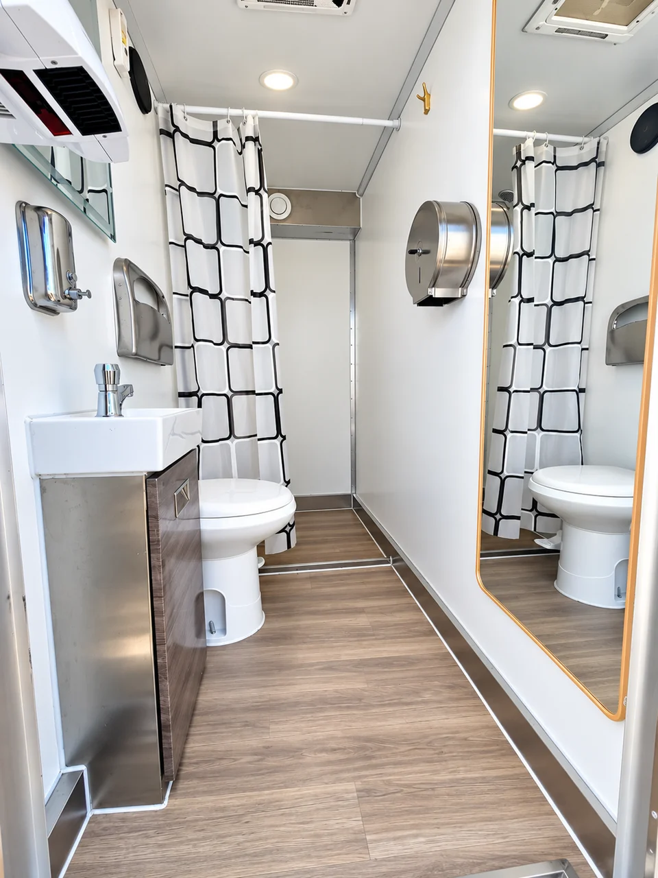 Toilet, sink and shower curtain inside the combination unit