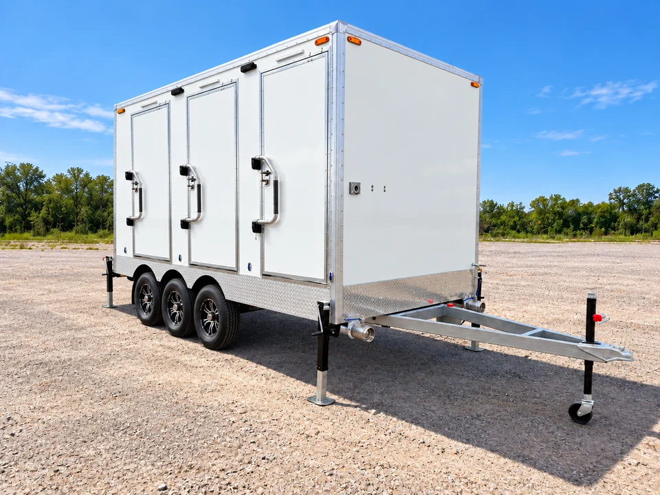 Exterior of the shower-restroom combination trailer with three standard side entrances