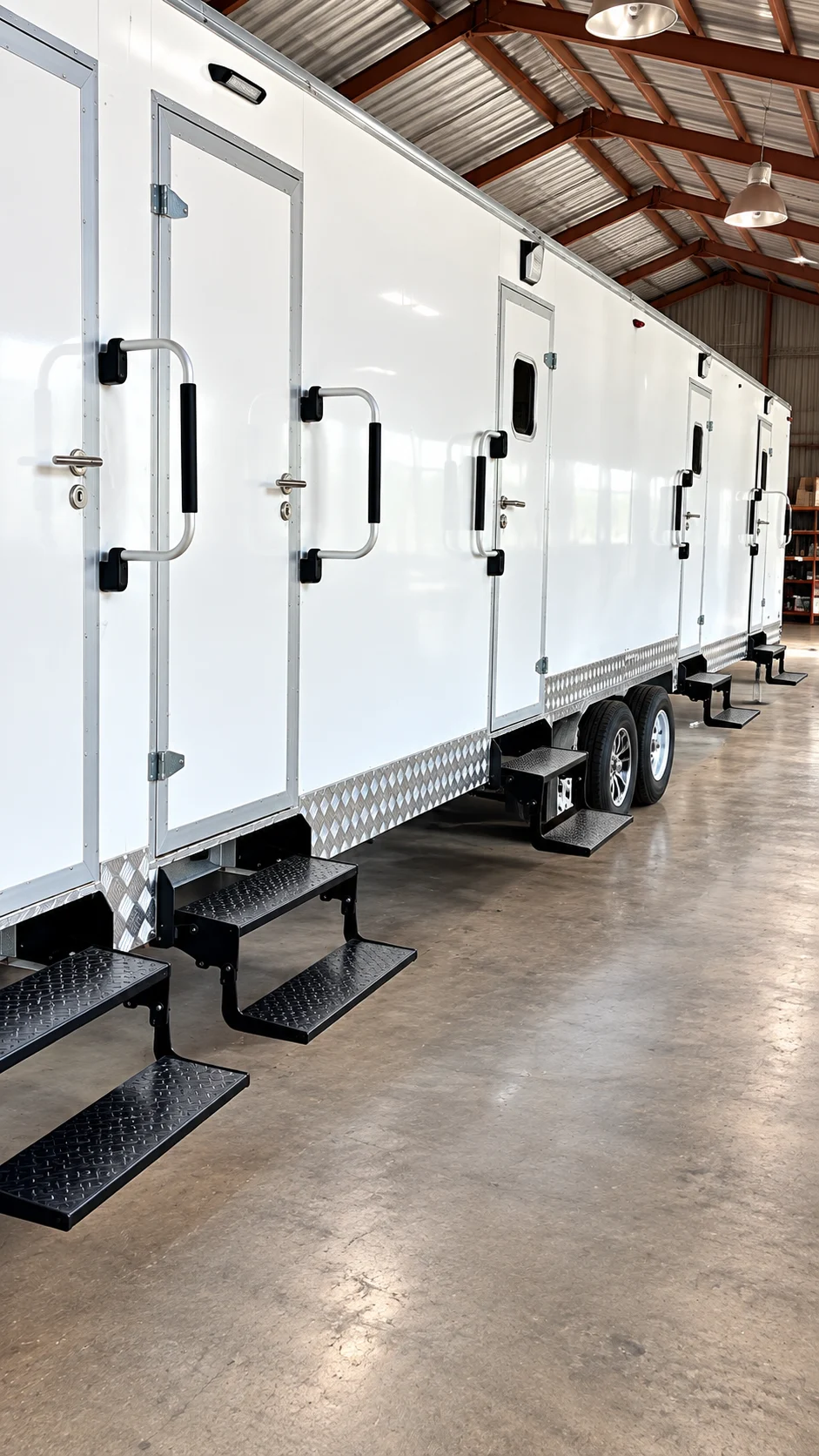 Opposite-side entrances on the combination trailer inside a warehouse