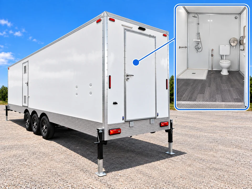 Rear view of the combination trailer with a larger entrance and an inset view of the open shower floor