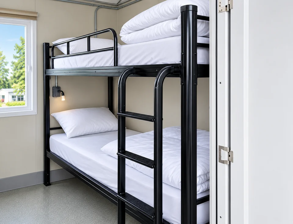 Doorway view of the contractor-accommodation bunk room